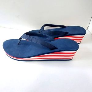 Blue Flip Flops with striped Red/White wedge heels